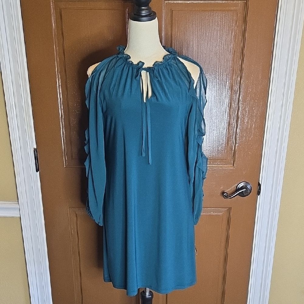 MSK-Teal jersey pullover dress with cold shoulder and ruffled sleeves Sz S NWT.
